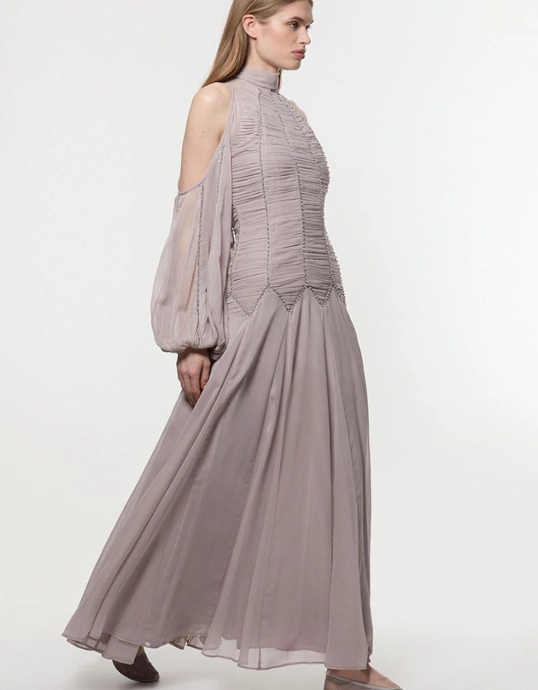 Petite High Neck Embellished Ruched Georgette Woven Maxi Dress