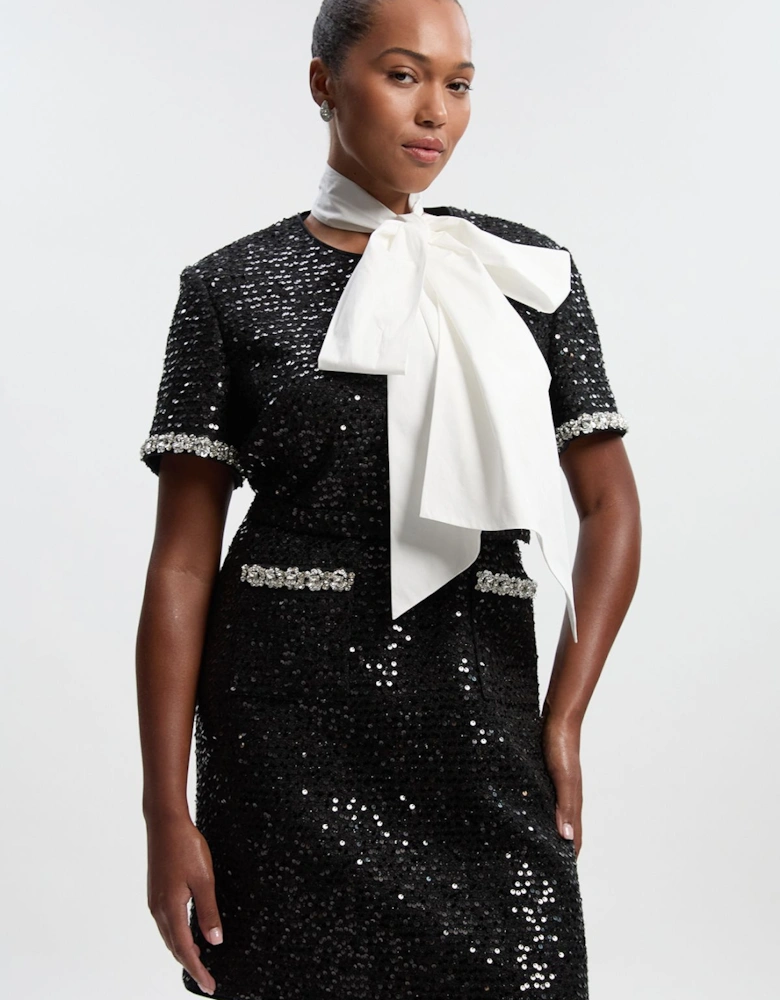 Plus Size Tailored Sequin Tweed Tie Bow Neck Embellished Mini Dress