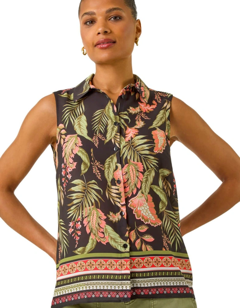 Floral Border Print Button Blouse