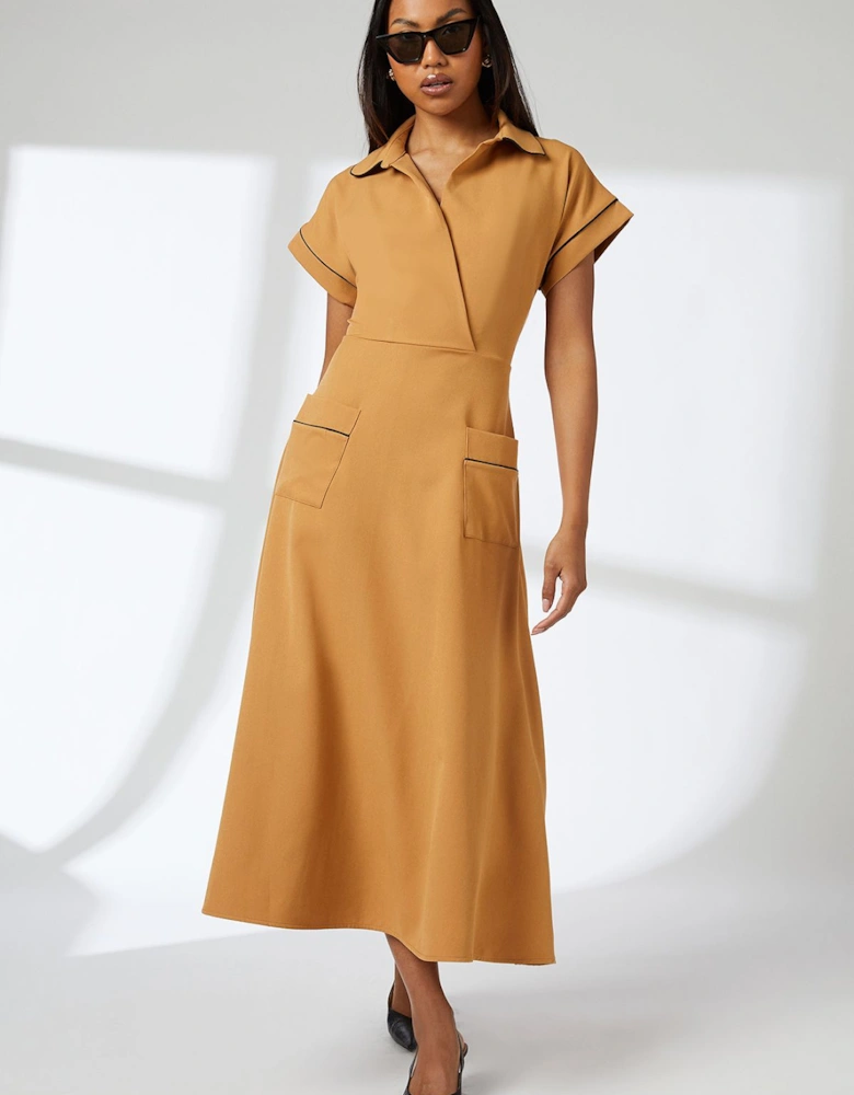 Camel Piped Detail Tie Front Dress