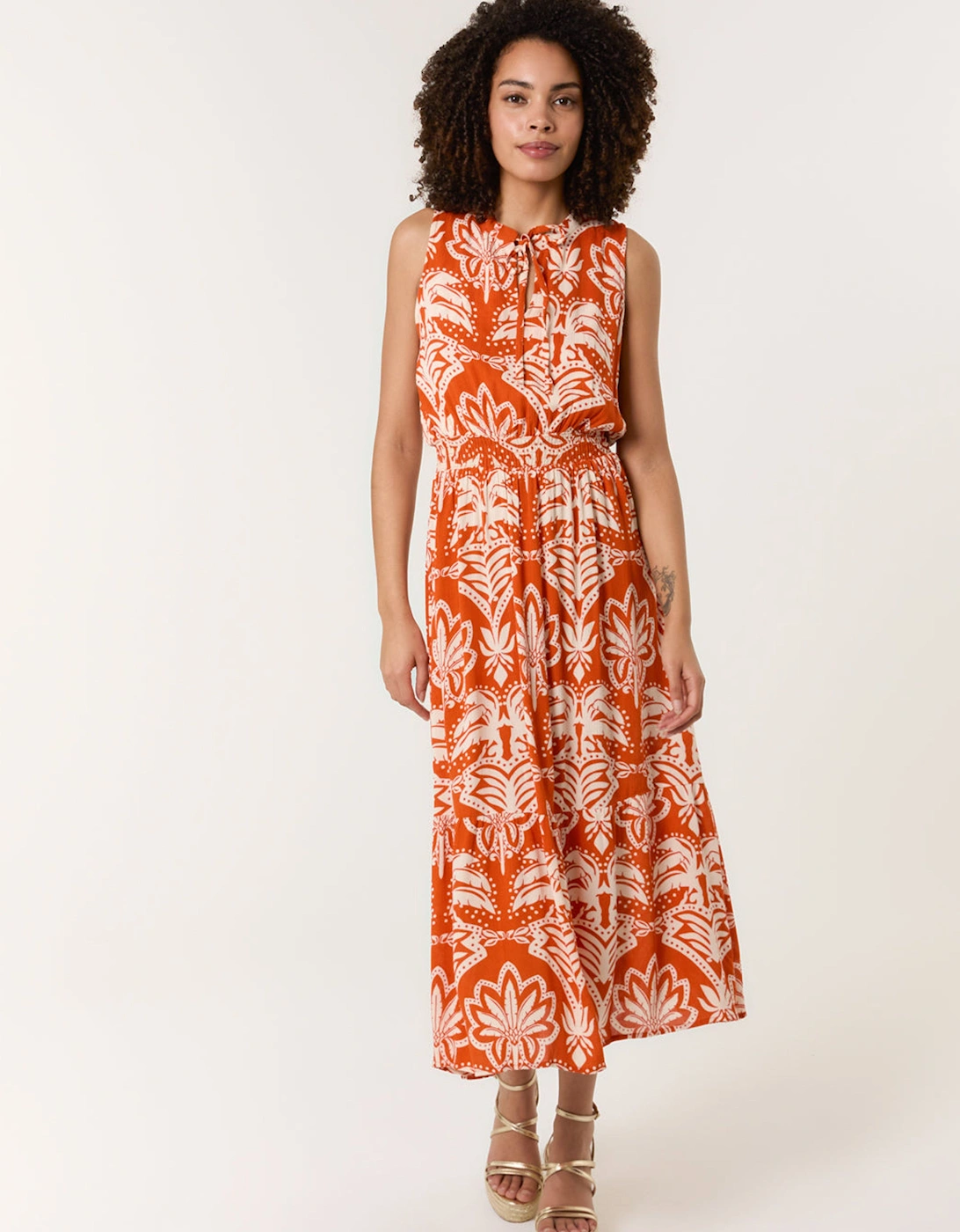 Orange Tie Neck Keyhole Shirred Waist Dress, 2 of 1
