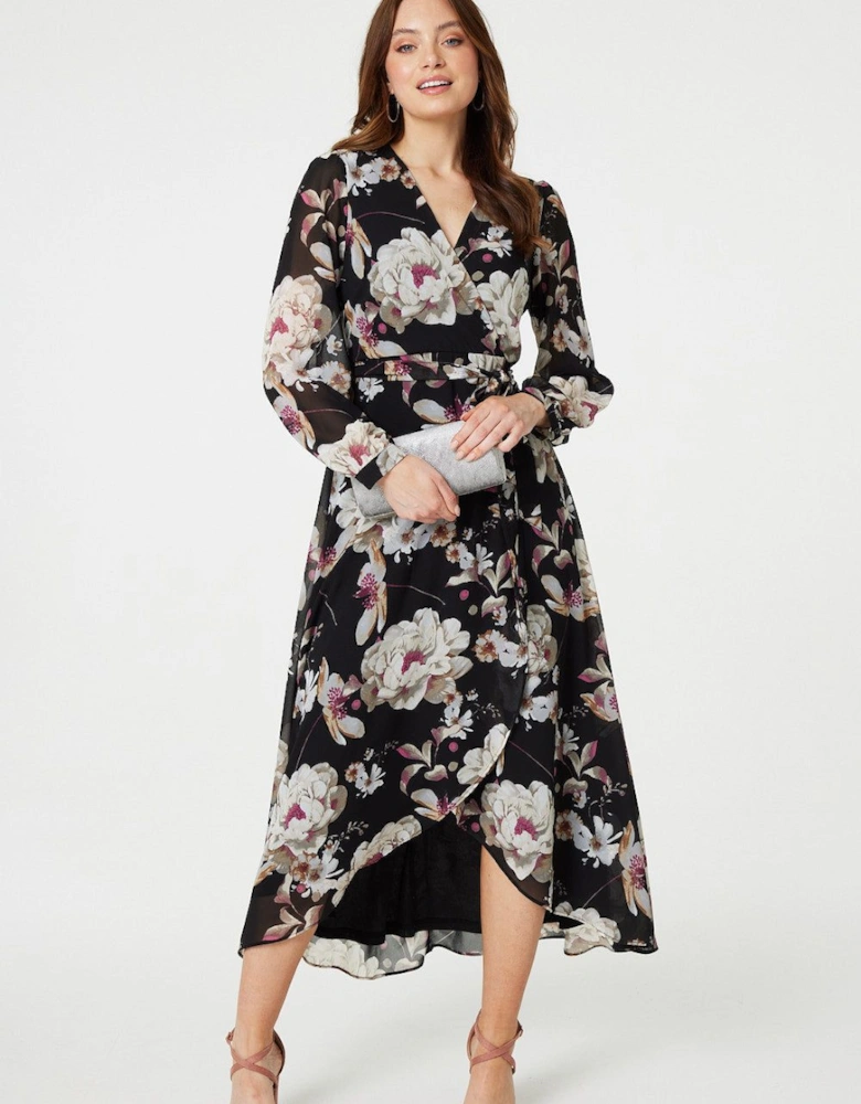 Floral Long Sleeve Tie Waist Wrap Midi Dress