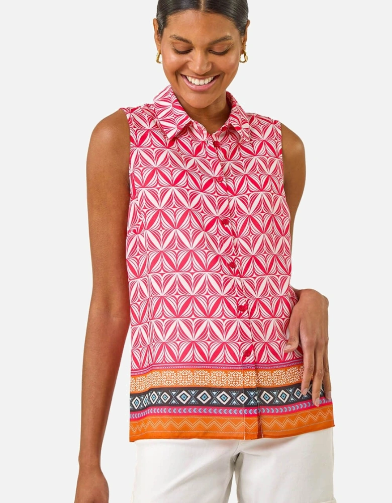 Geo Border Print Button Blouse