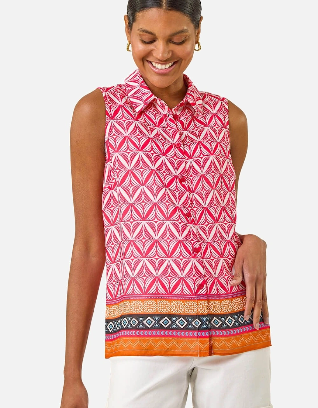 Geo Border Print Button Blouse, 2 of 1