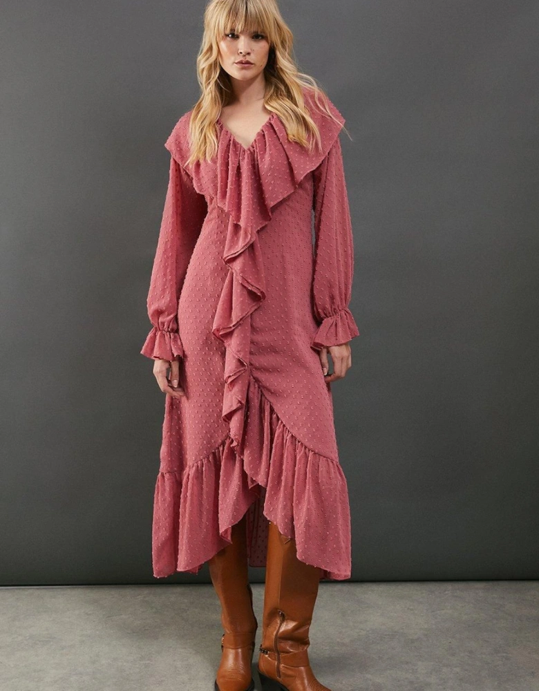Dobby Chiffon Ruffle High Low Hem Midi Dress