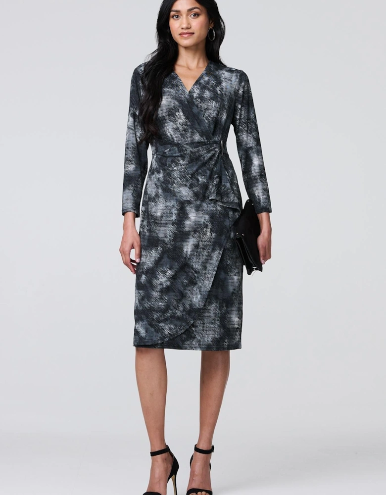 Printed Ruched Belt Detail Midi Dress