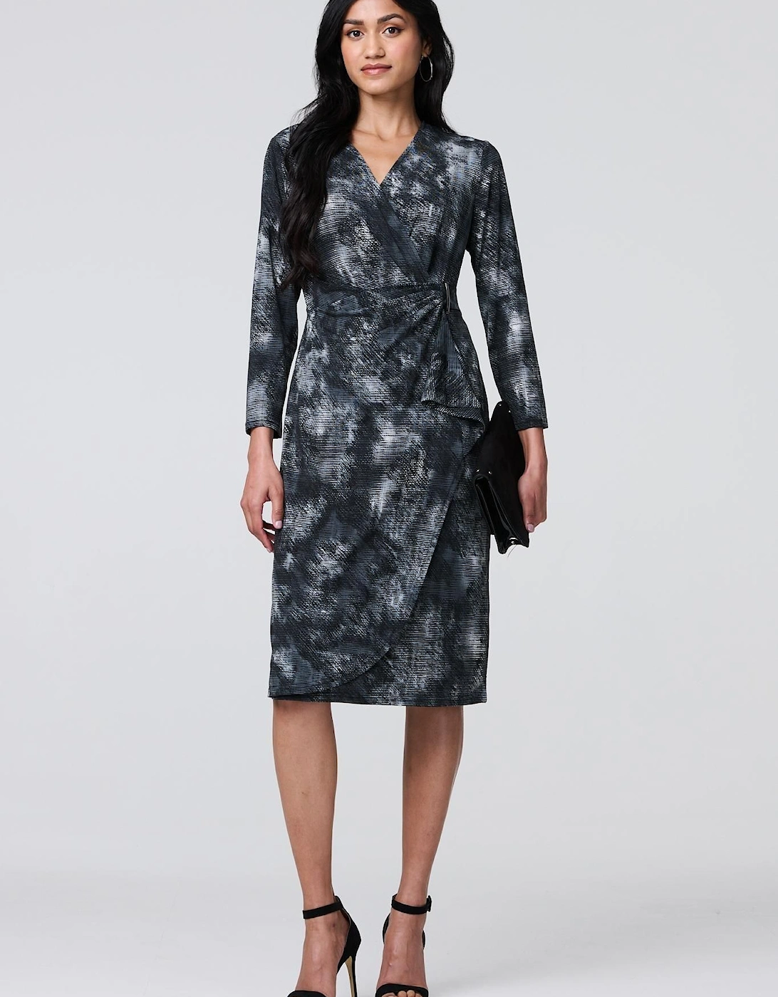 Printed Ruched Belt Detail Midi Dress, 2 of 1