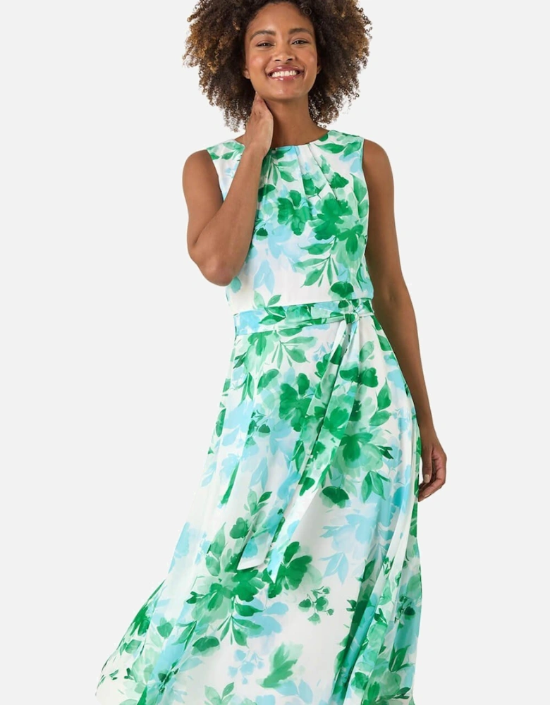 Floral Pleated Neck Midi Dress