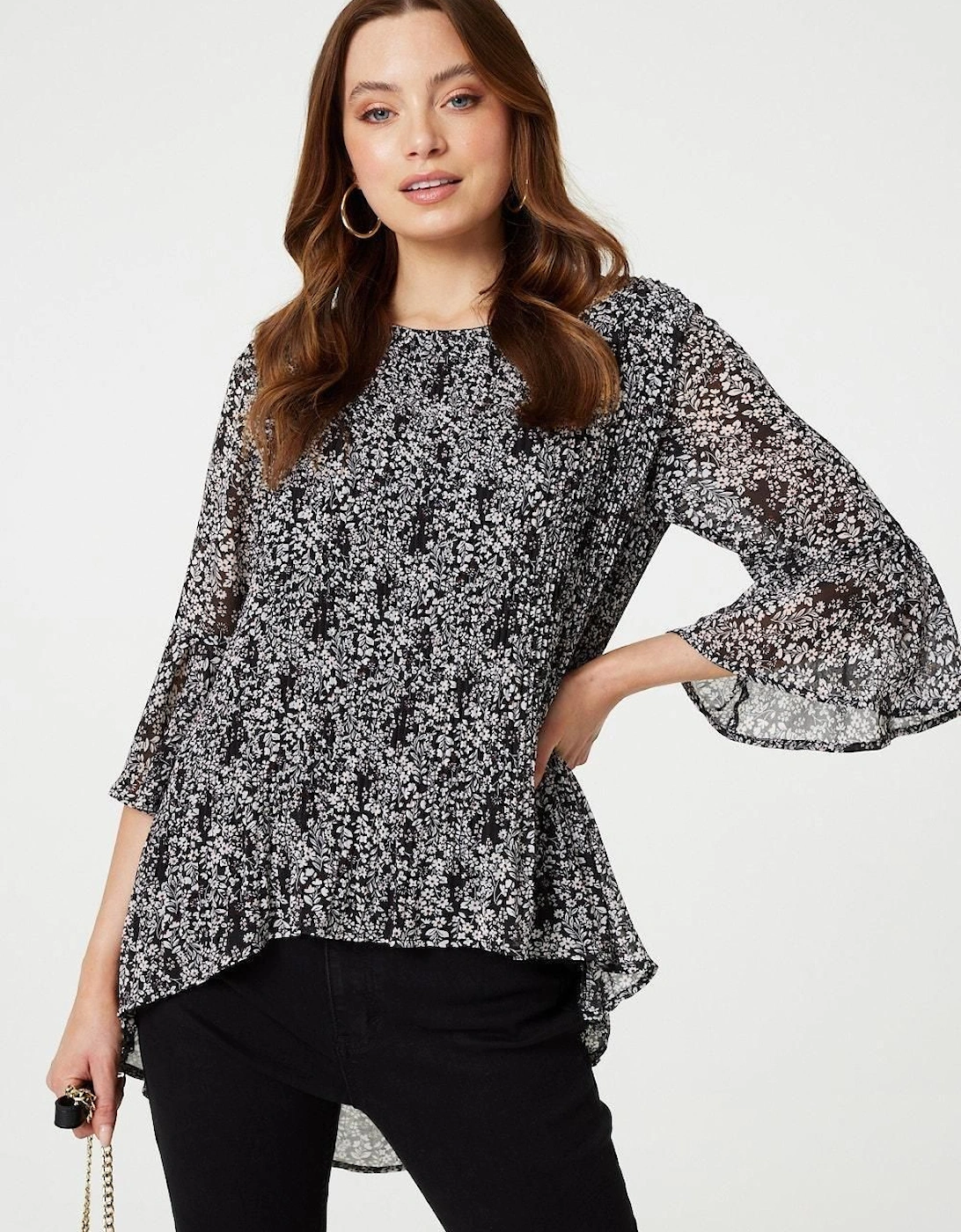 Ditsy Floral Flare Sleeve Curve Hem Blouse, 2 of 1