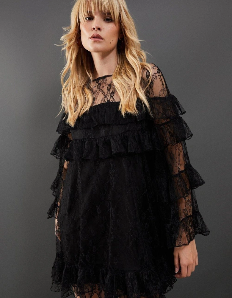 Chantilly Lace Tier Mini Smock Dress