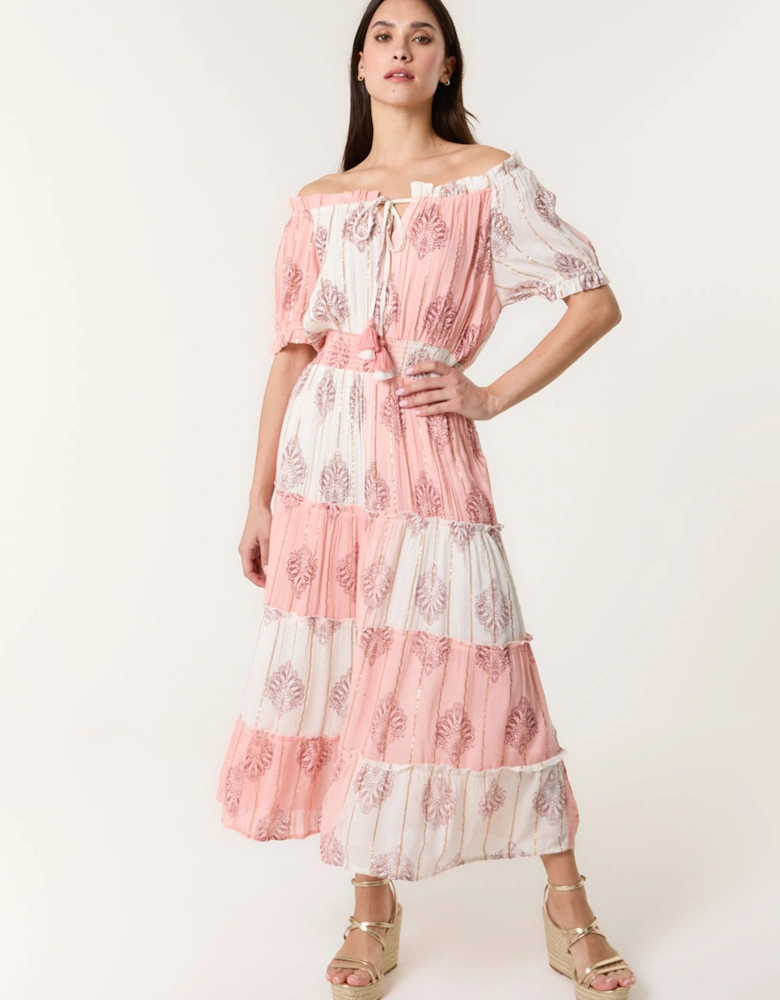 Pink Foil Print Amber Tiered Midi Dress