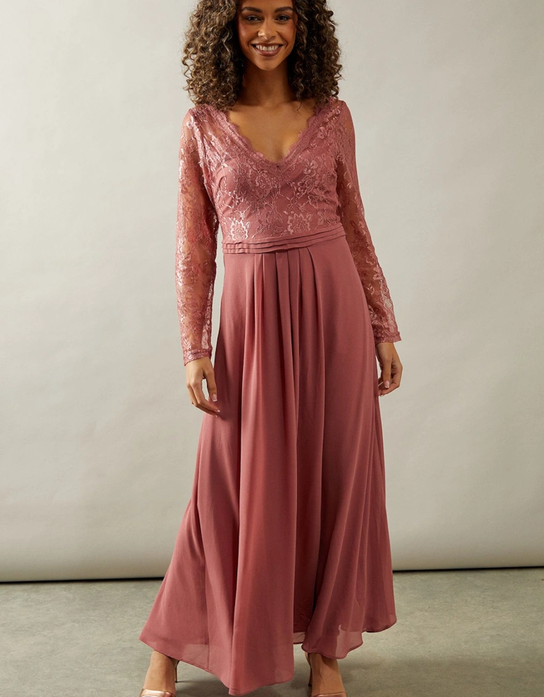 Long Sleeve Lace Top Chiffon Skirt Maxi Dress