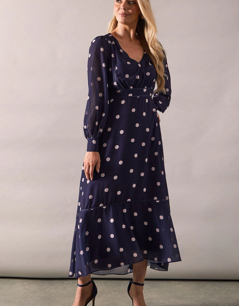 Printed Chiffon Piped Blouson Sleeve Midi Dress