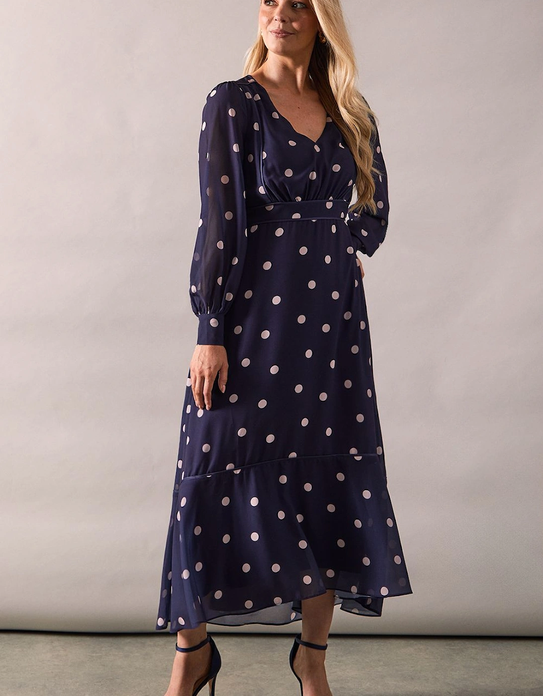 Printed Chiffon Piped Blouson Sleeve Midi Dress, 2 of 1