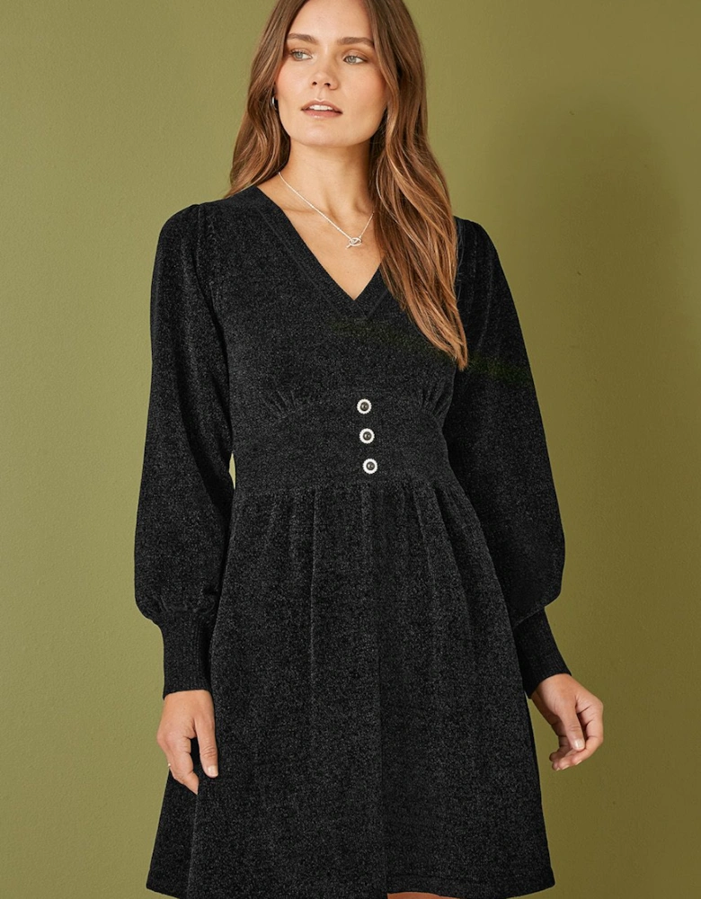 Black V Neck Empire Line Knitted Skater Dress