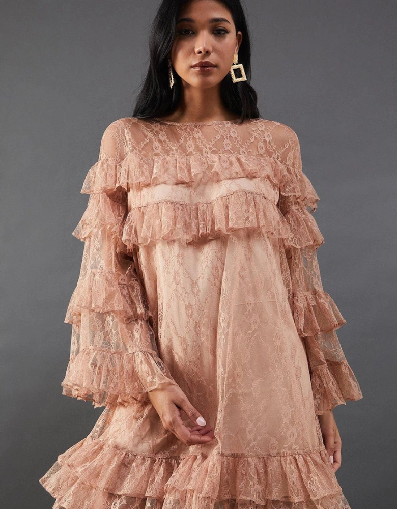 Chantilly Lace Tier Mini Smock Dress