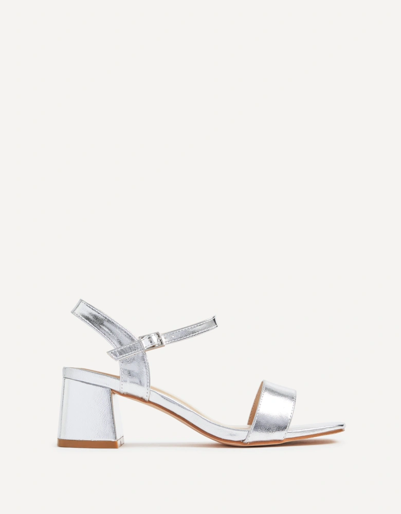 Darcie Silver Faux Leather Low Chunky Block Heeled Sandal