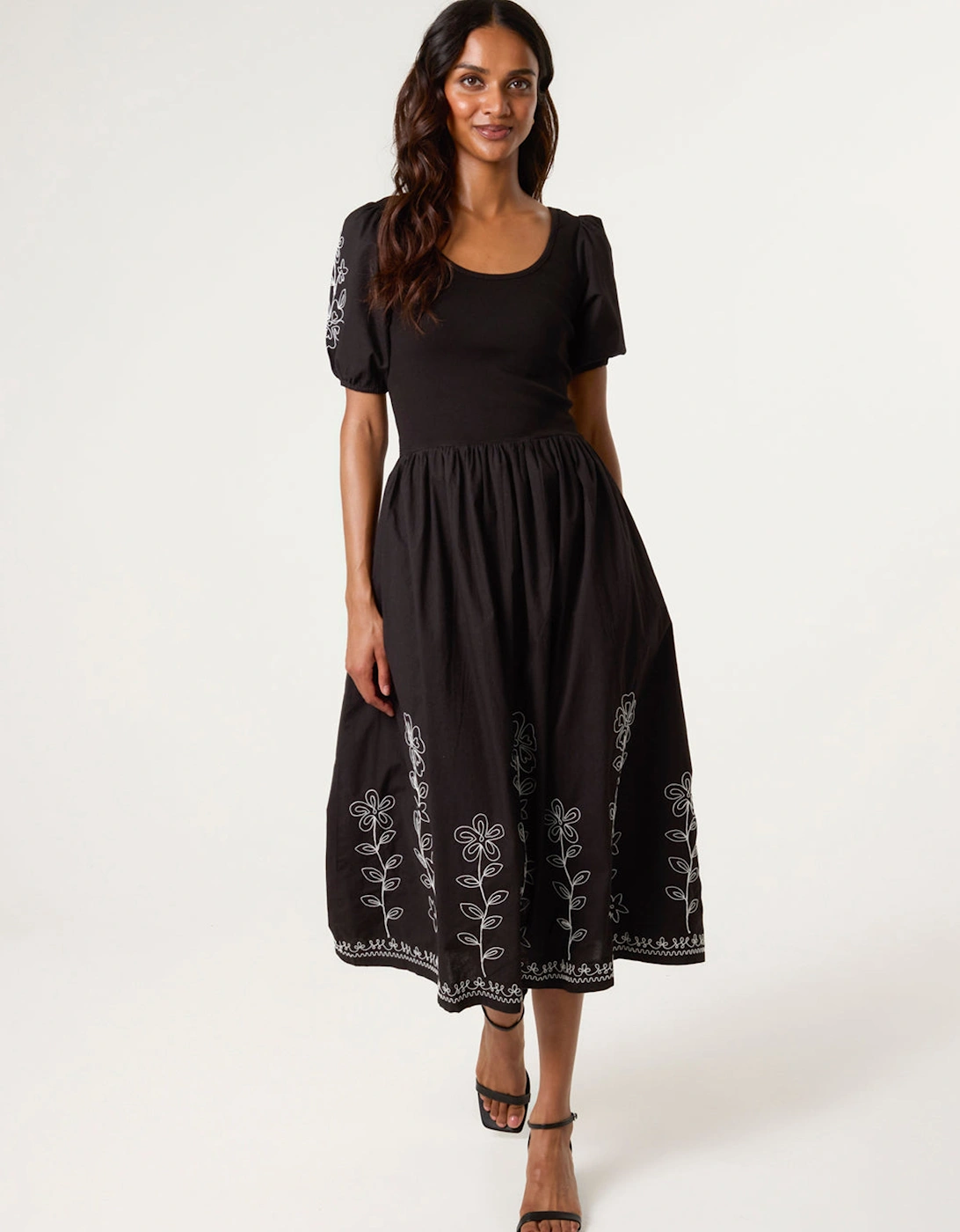 Black Embroidered Puff Sleeve Midi Dress, 2 of 1
