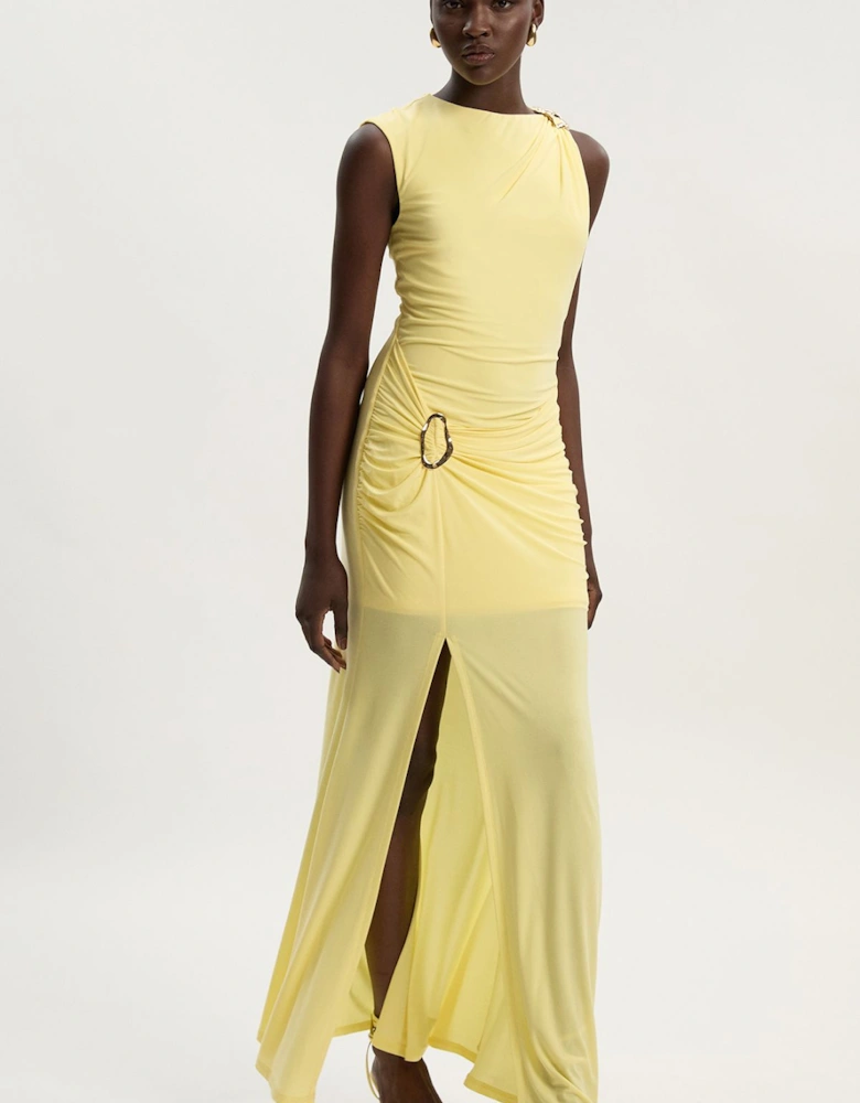 Drapey Crepe Trim Detail Ruched Maxi Dress
