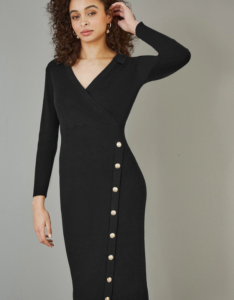 Black Knitted Midi Dress With Asymmetric Button Details