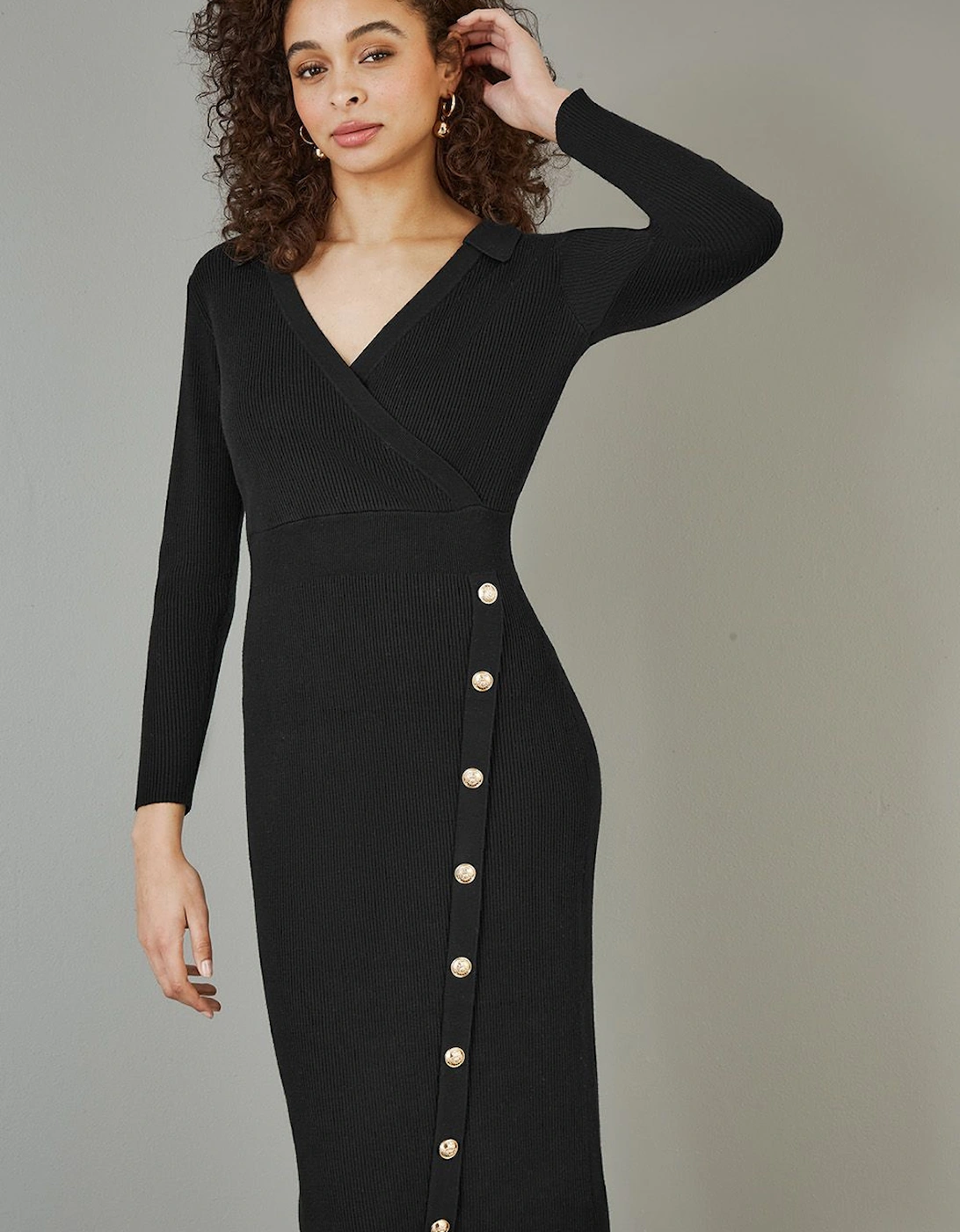 Black Knitted Midi Dress With Asymmetric Button Details, 2 of 1