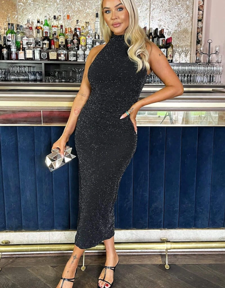 Black Sparkle Halter Neck Ruched Bodycon Midi Dress