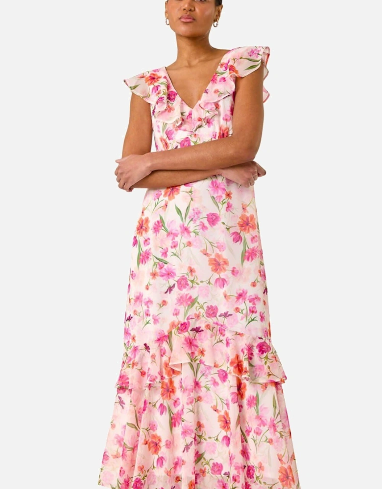 Floral Print Chiffon V-Neck Midi Dress