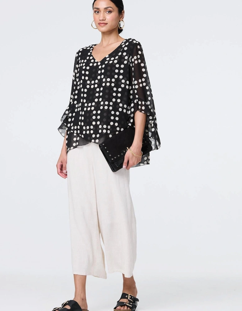Dot Print Semi Sheer Flare Sleeve Blouse