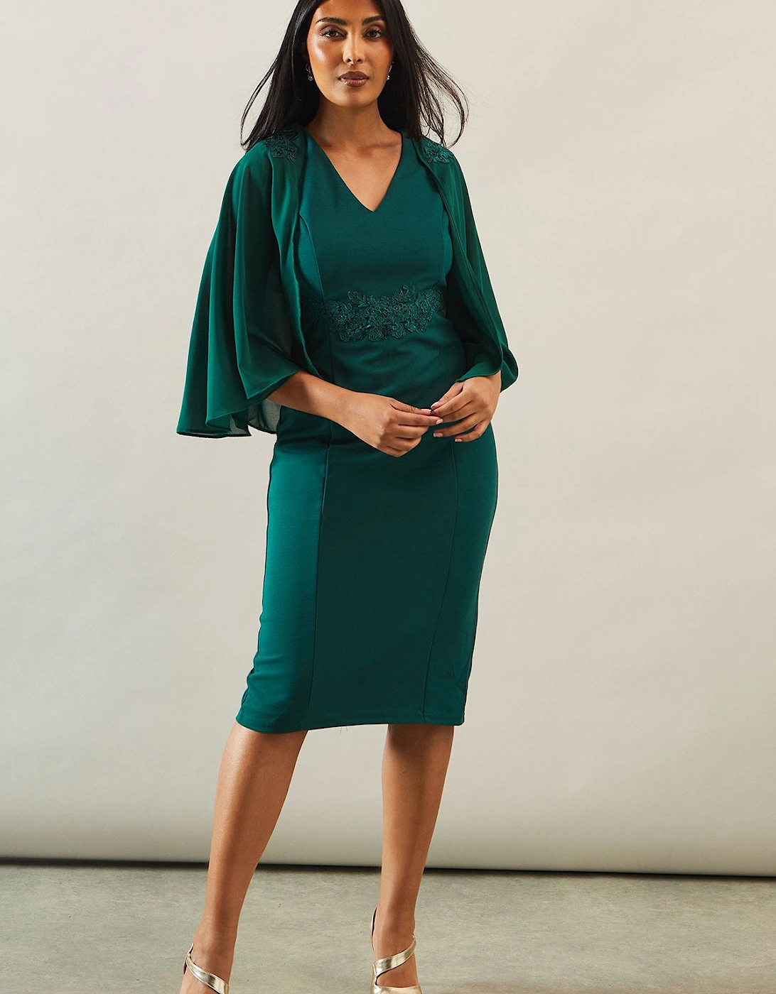 Petite Lace Trim Cape Detail Pencil Dress, 2 of 1