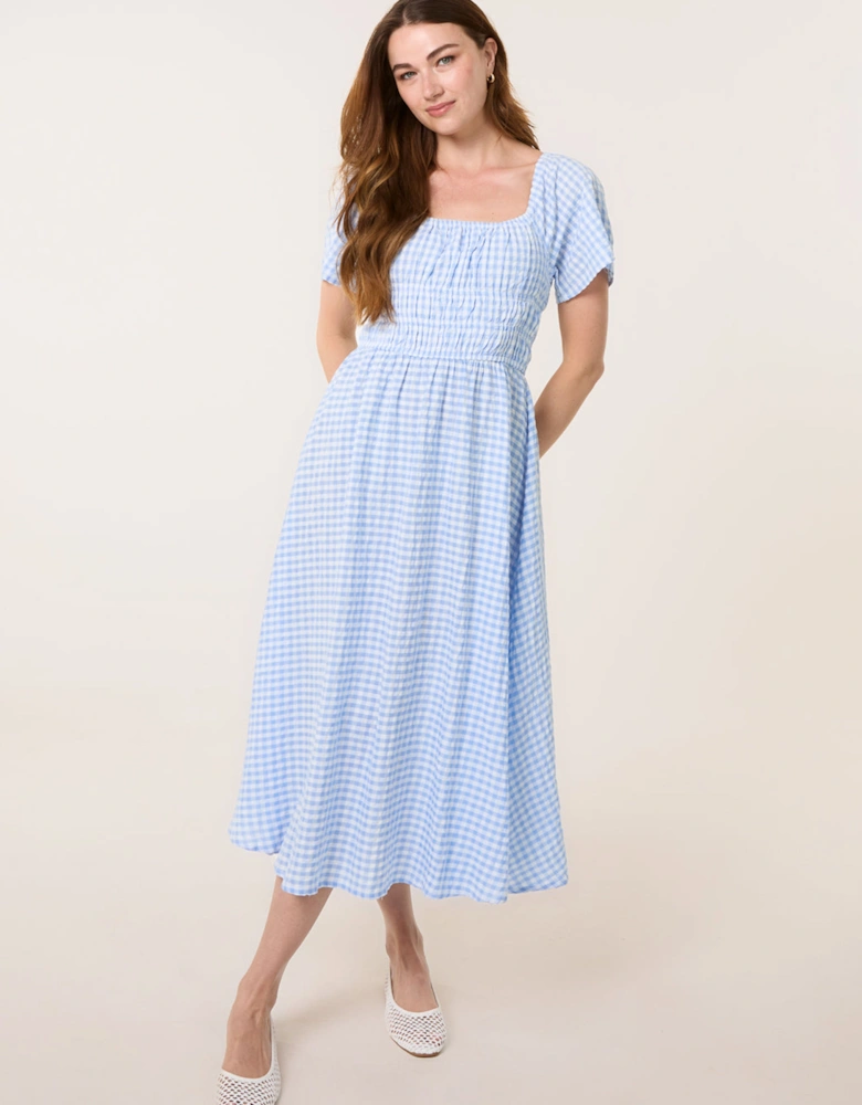 Blue Shirred Gingham Midi Dress