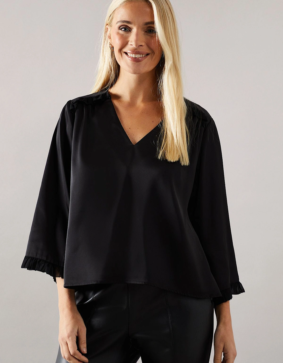 Petite Satin Flute Sleeve Frill Detail Blouse, 2 of 1