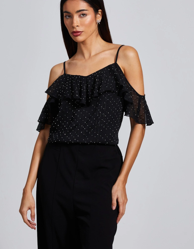 Black Chiffon Cold Shoulder Top