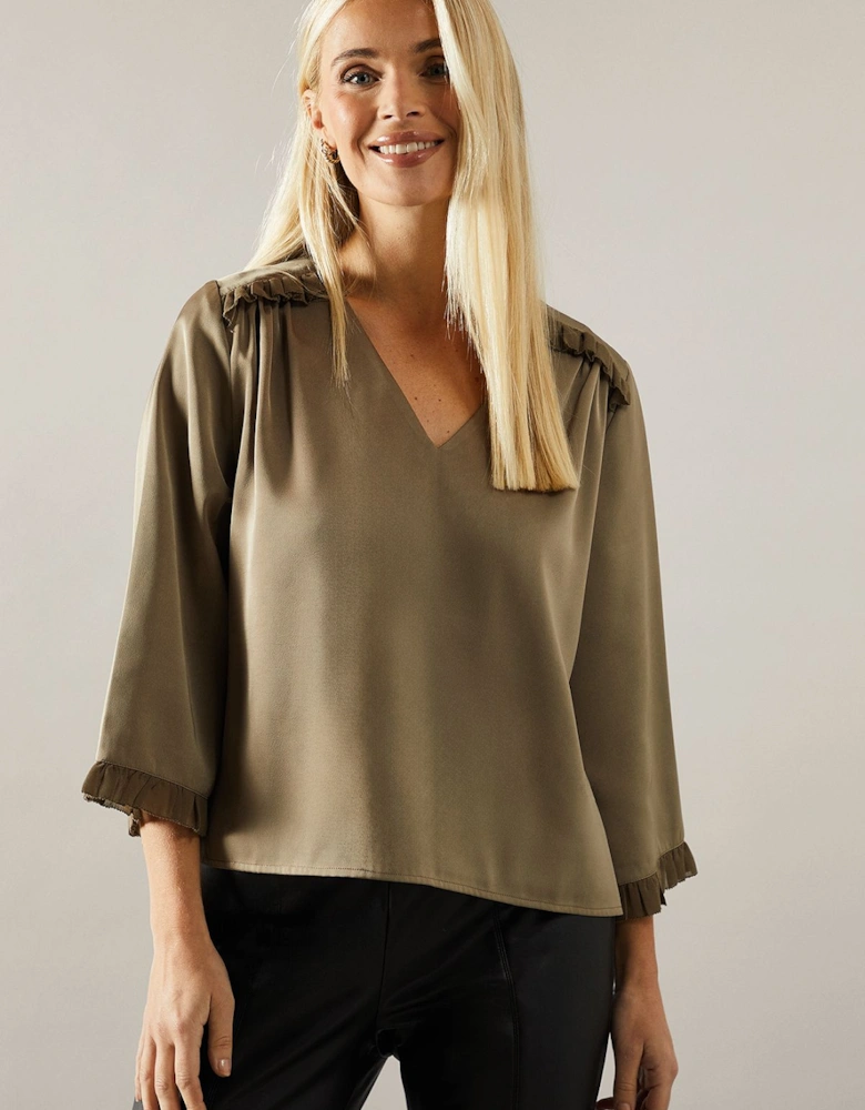 Petite Satin Flute Sleeve Frill Detail Blouse