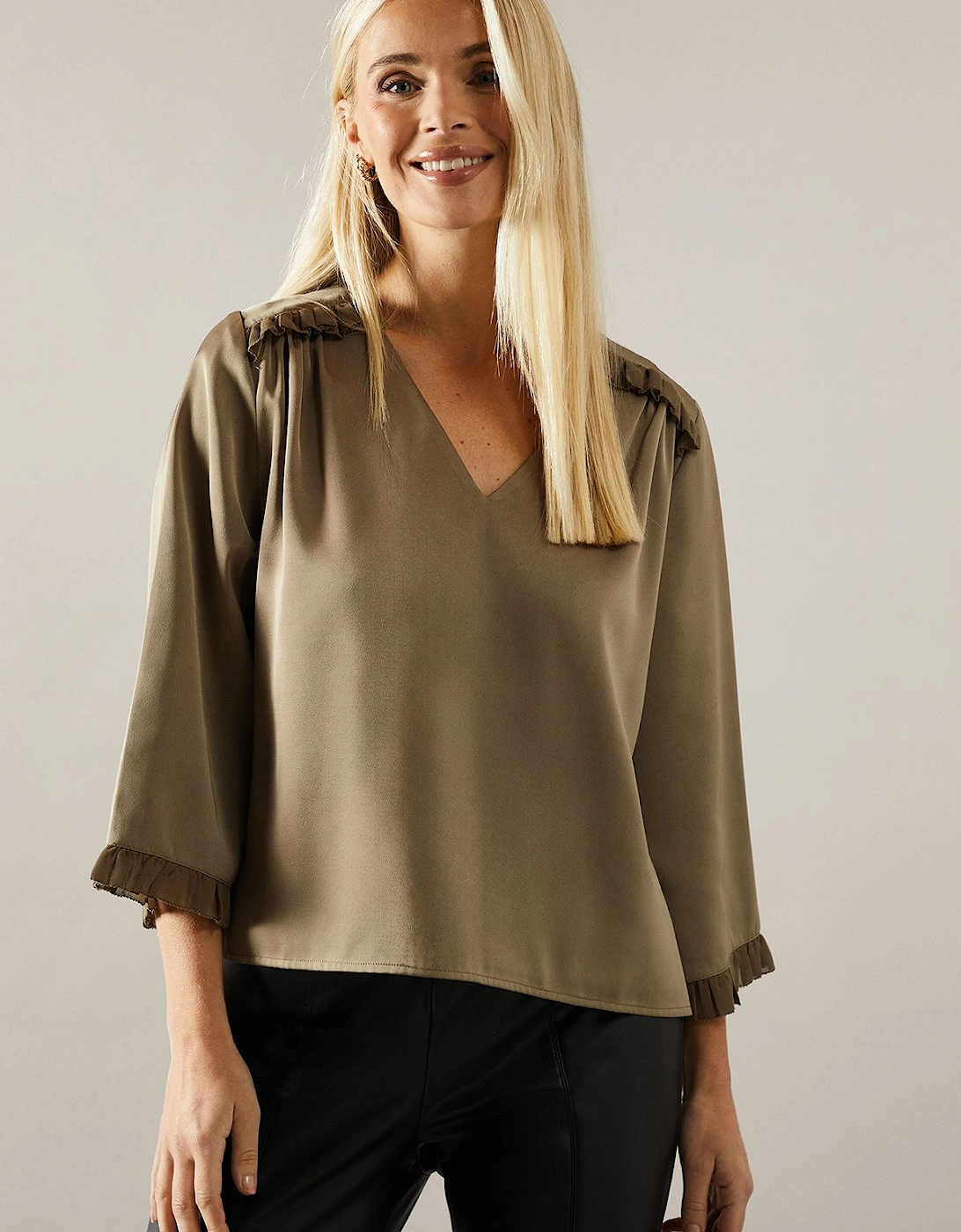 Petite Satin Flute Sleeve Frill Detail Blouse, 2 of 1