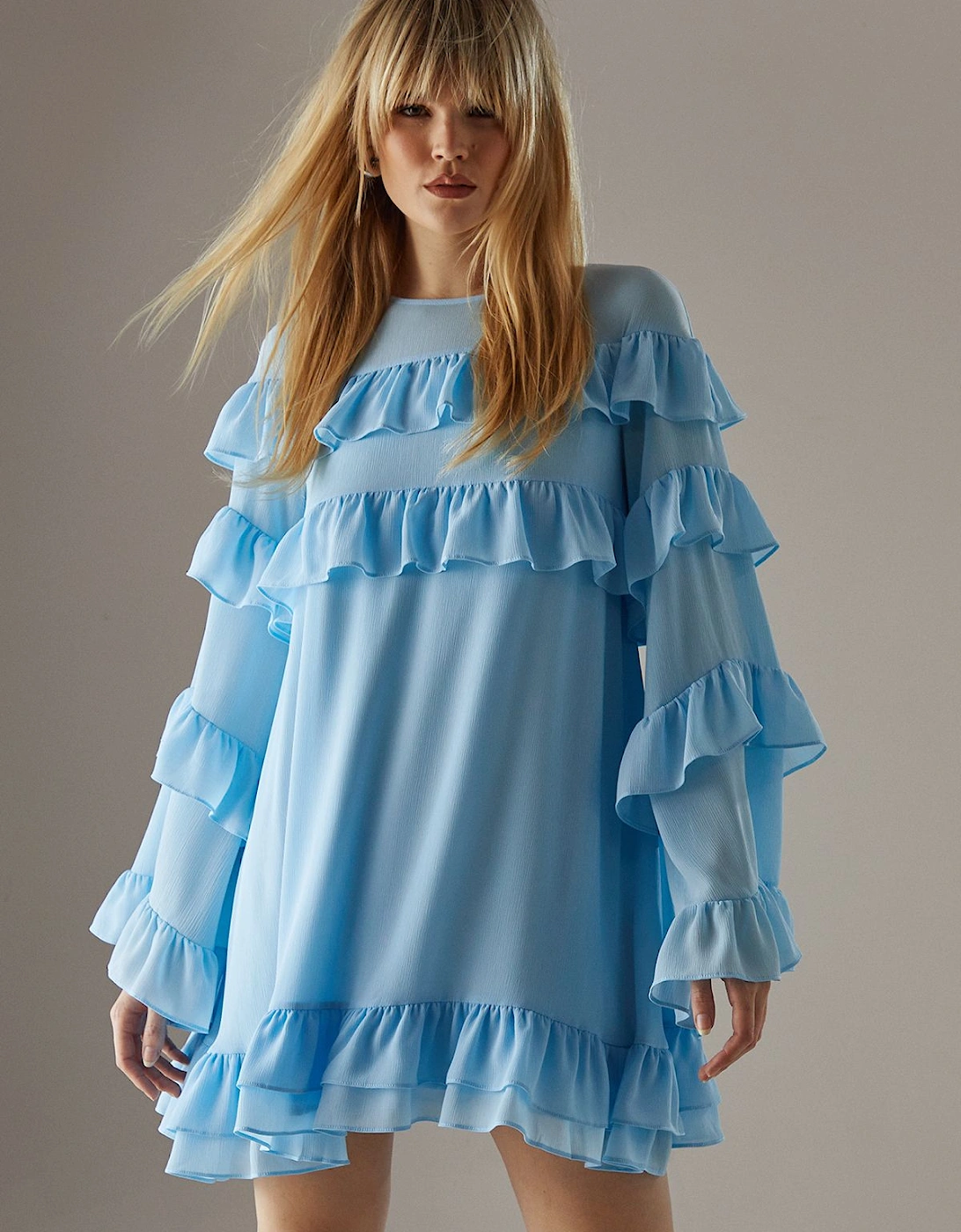 Chiffon Ruffle Flared Sleeve Mini Smock Dress, 2 of 1