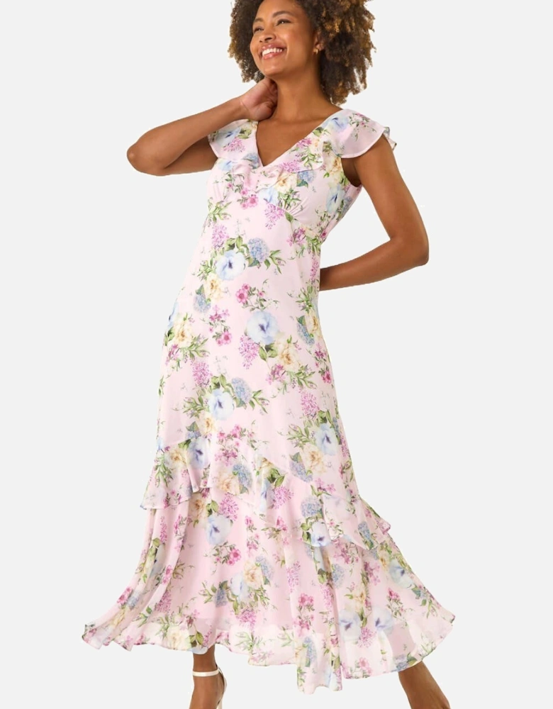 Floral Print Chiffon V-Neck Midi Dress