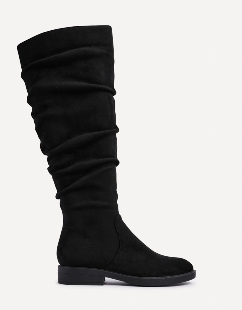 Ciara Black Faux Suede Ruched Flat Boot