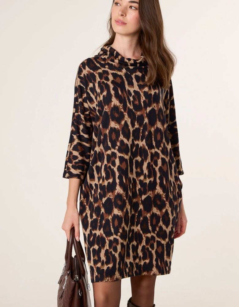 Brown Leopard Print Draped Cowl Neck Tunic Dress