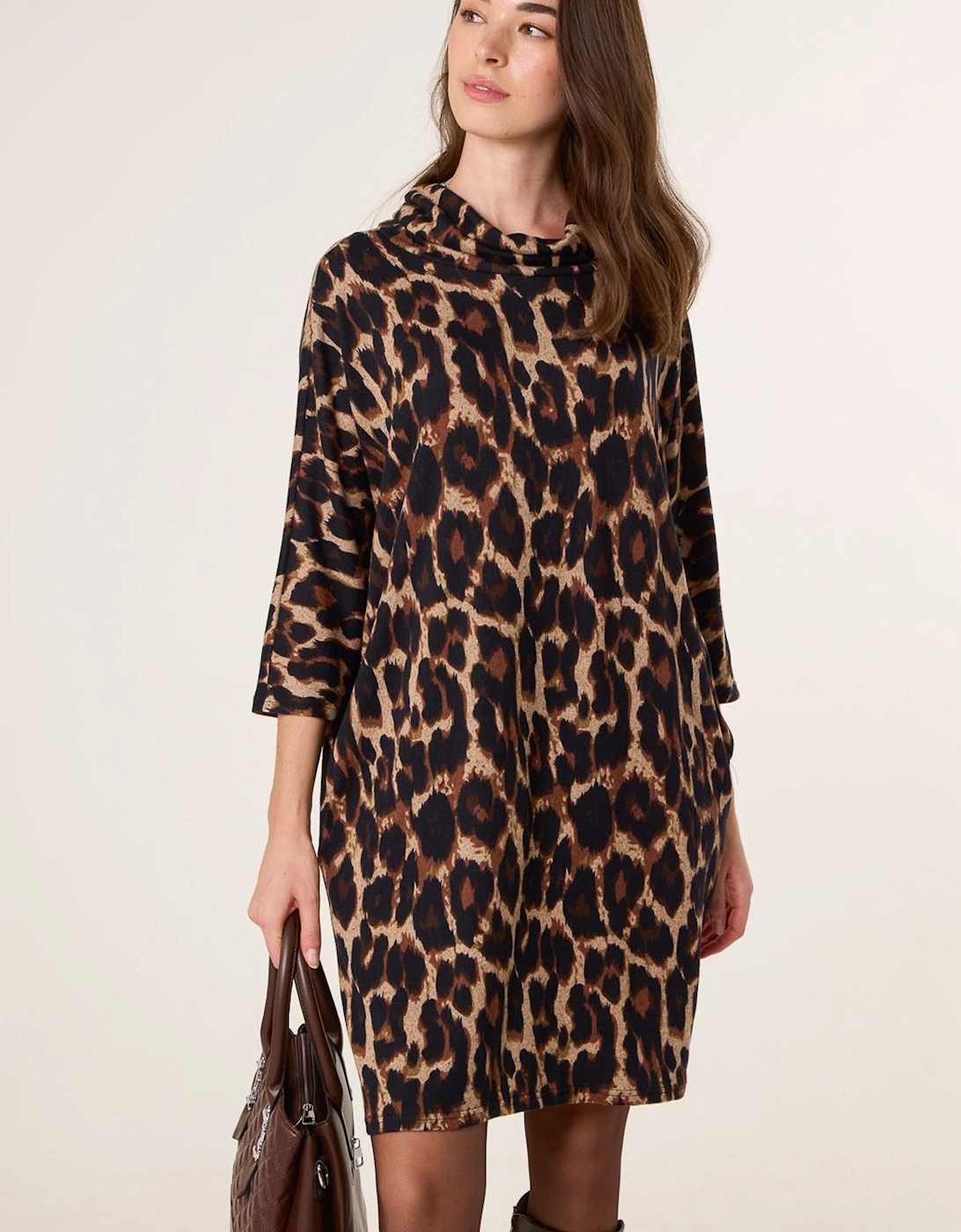 Brown Leopard Print Draped Cowl Neck Tunic Dress, 2 of 1