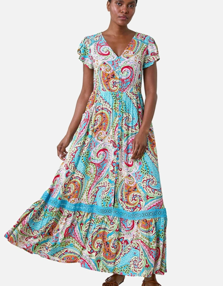 Paisley Print Shirred Waist Maxi Dress