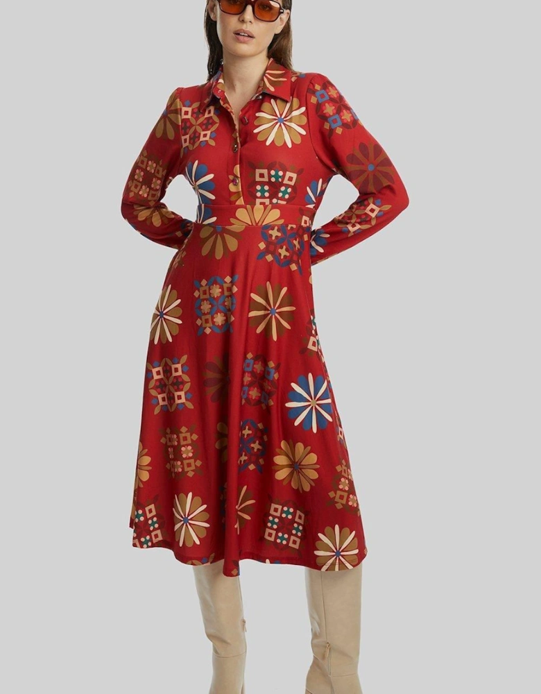 Jewelled Button Print Midi Dress
