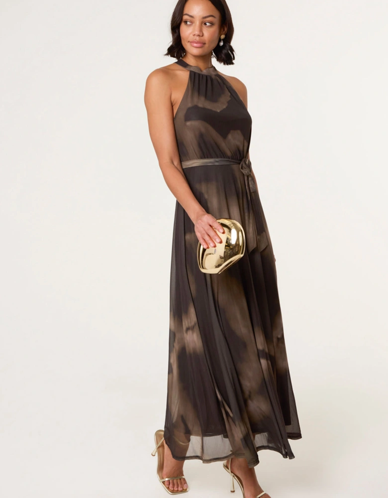 Brown Printed Mesh Halterneck Belted Maxi Dress