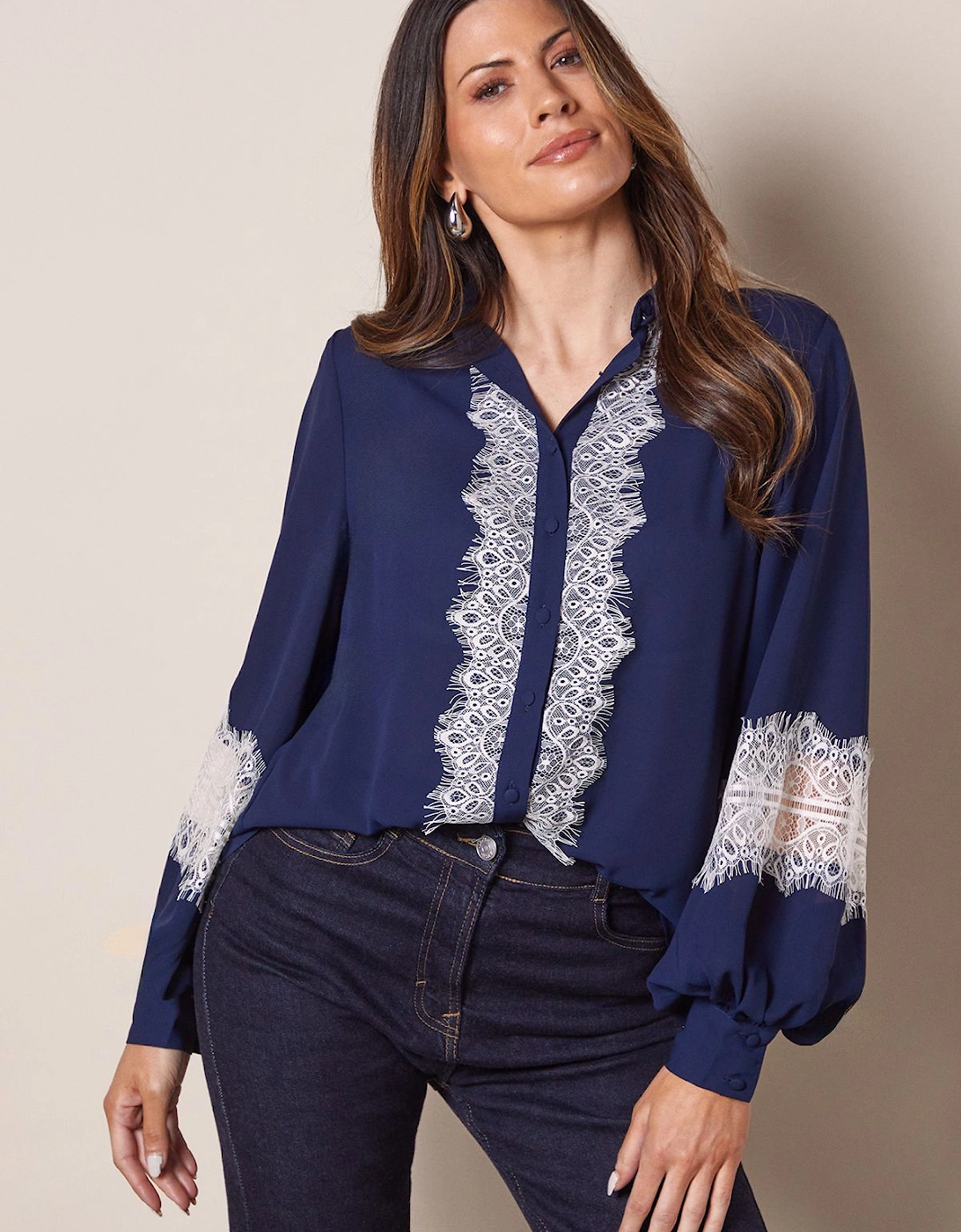Contrast Lace Trim Georgette Blouse, 2 of 1