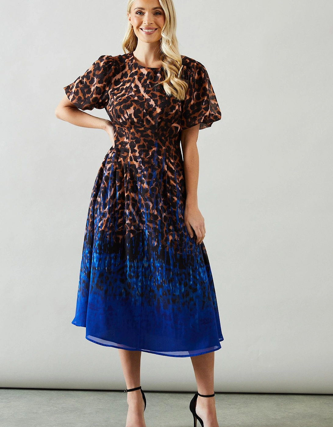 Petite Placement Print Puff Sleeve Midi Dress, 2 of 1