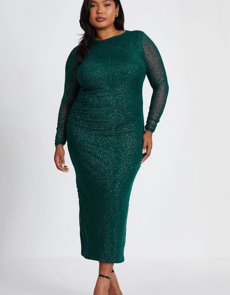 Green Curve Glitter Mesh Midaxi Dress