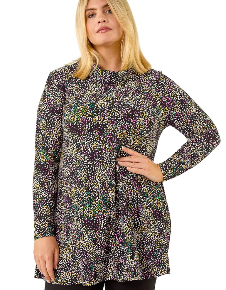 Curve Spot Print Cowl Neck Top