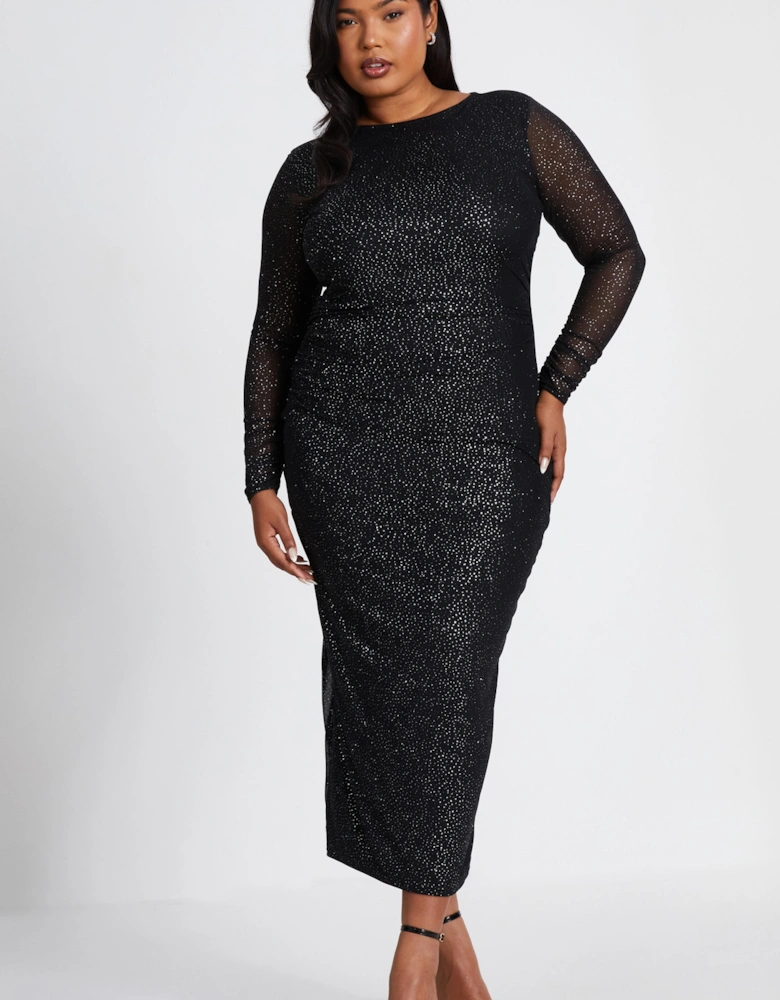 Black Curve Glitter Mesh Midaxi Dress