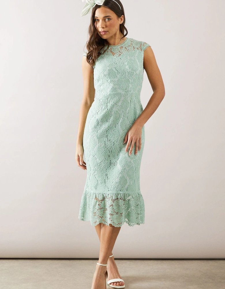 Petite Cap Sleeve Flute Hem Lace Pencil Dress