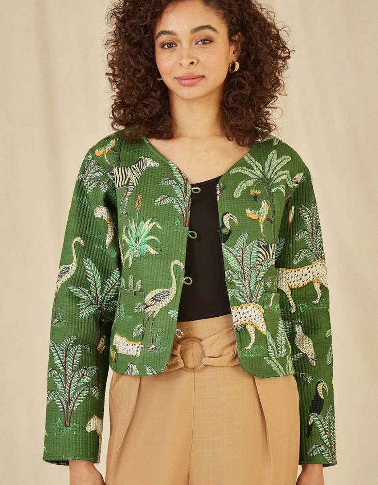 Green Animal Print Reversible Cotton Cropped Quilted Jacket