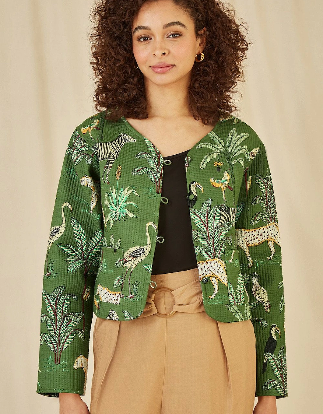 Green Animal Print Reversible Cotton Cropped Quilted Jacket, 2 of 1